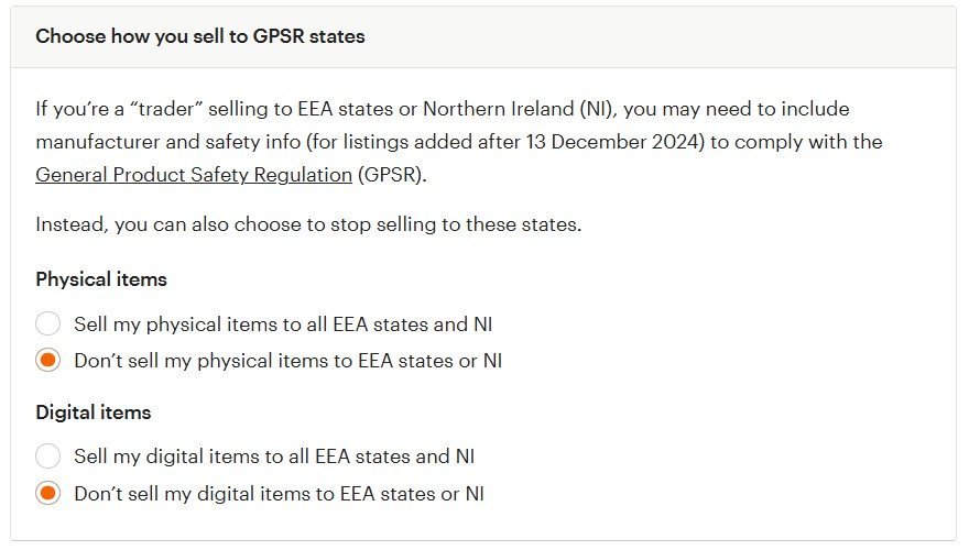 Screenshot of Etsy Shop Settings Options for opting out of selling to EEA states and NI