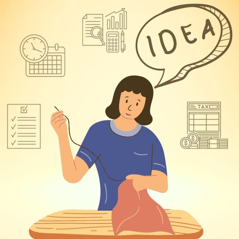 Picture of a woman sewing with ideas and worries around her head